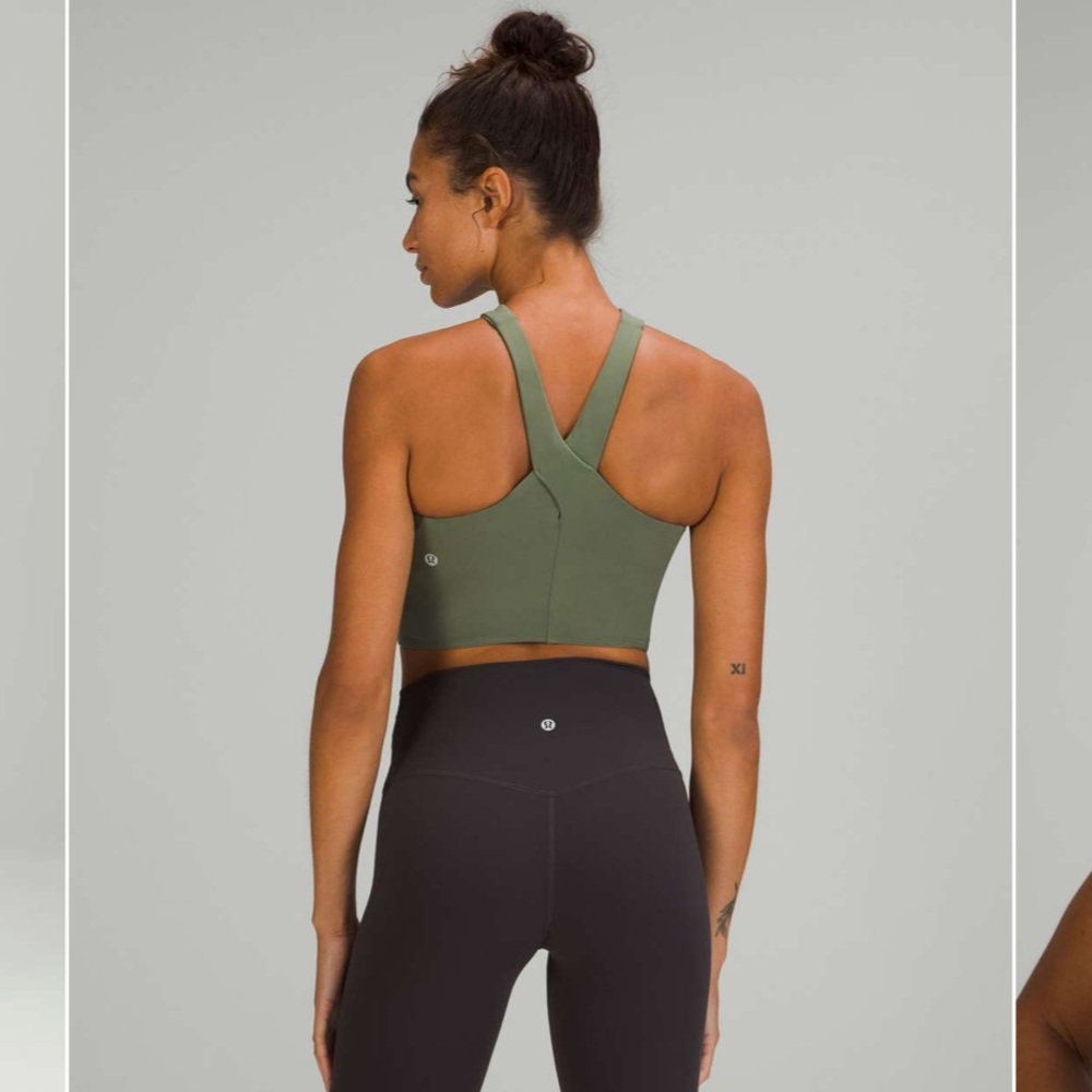 Lululemon Nulu Wrap Front Longline Sports Bra Size 10 Green Twill Criss Cross - Picture 2 of 7